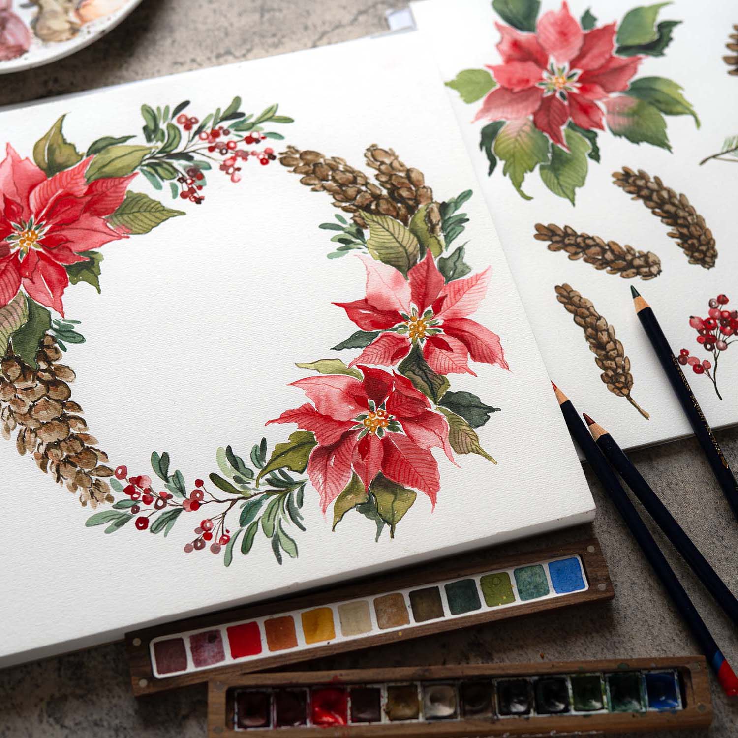 Aquarell Watercolor Kreativabend Weihnachtstern Adventskranz Kreativzeit