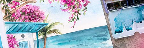 Aquarell Urlaubstraum Watercolor Videokurs Einsteiger Urlaubsmotiv Meer Strand Bourgainvillea Griechenland