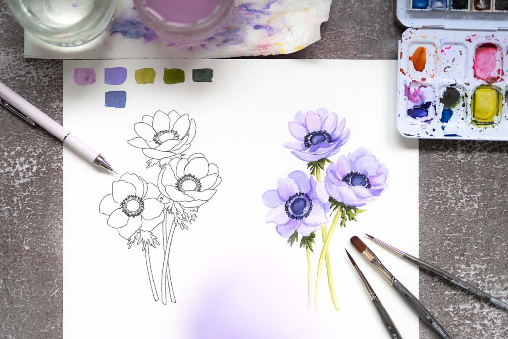 Florals Aquarell Blüten Malen Blütenformel Anemone
